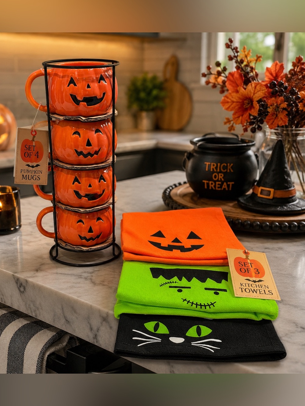 Halloween Kitchen Bundle Pumpkin Mug 4pc set and 3pc kitchen towels 🎃👻
